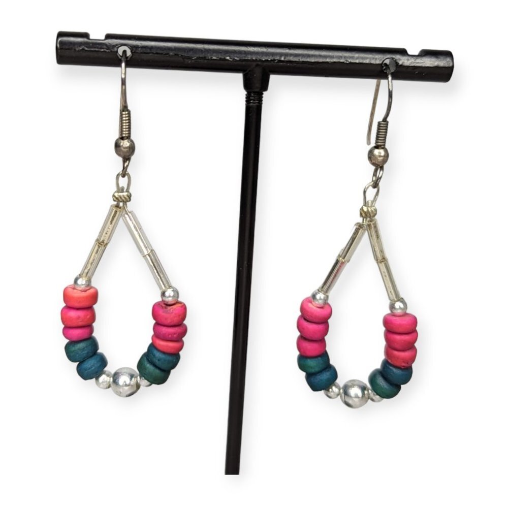 Dark Green & Pink Beaded French Hook Drop Earring
